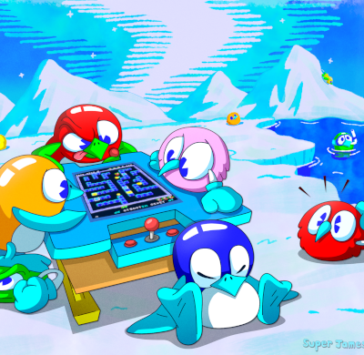 Pengo characters playing an arcade cabinet